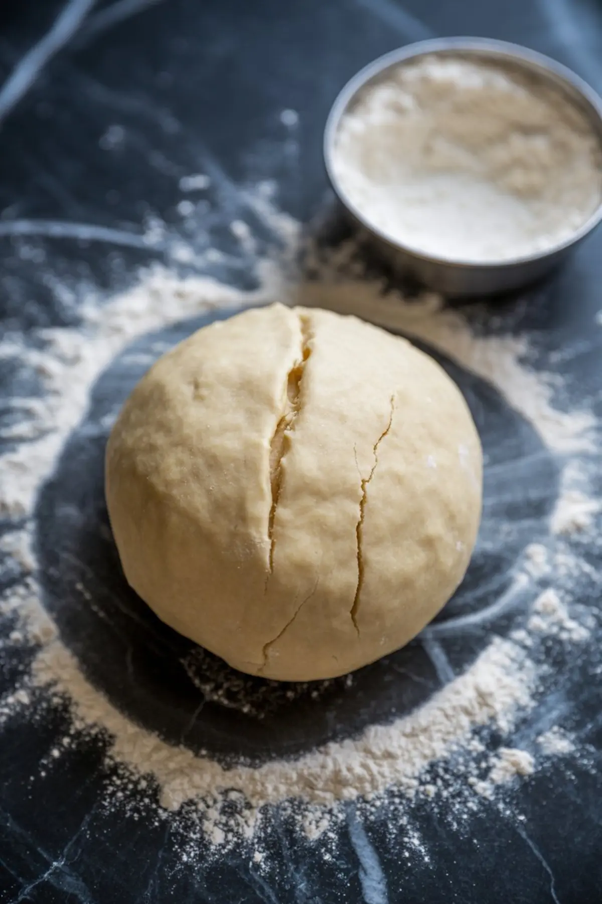 Ball of shortcrust pastry dough on a floured dark marble surface with a metal bowl of flour in the background.