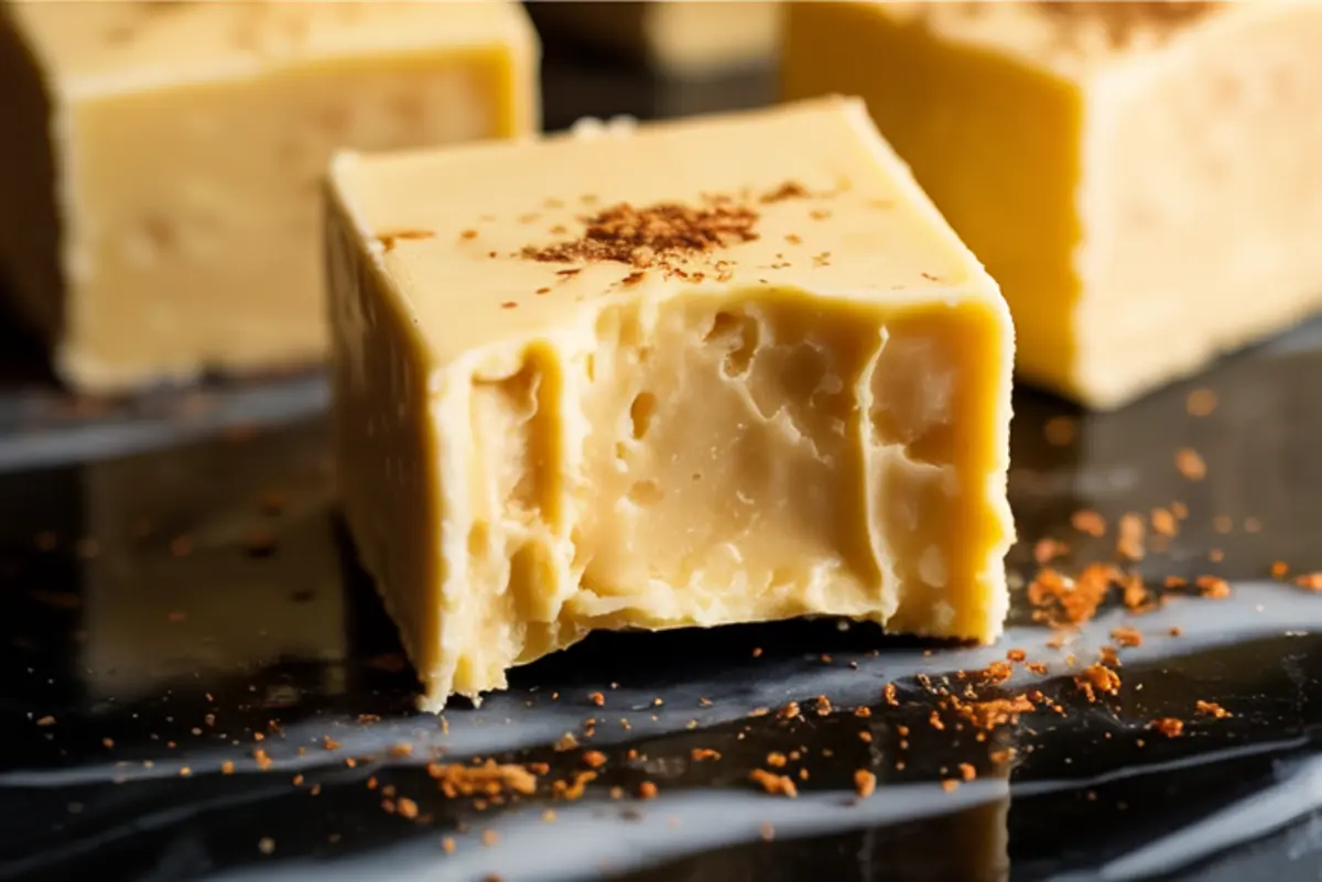 Close-up of a creamy eggnog fudge square with a bite taken out, showing its smooth texture and topped with a dusting of ground nutmeg.