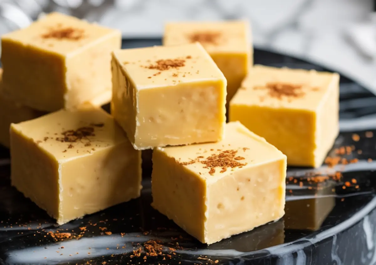 Multiple eggnog fudge squares arranged on a black serving plate, each piece topped with ground nutmeg for a festive holiday dessert presentation.