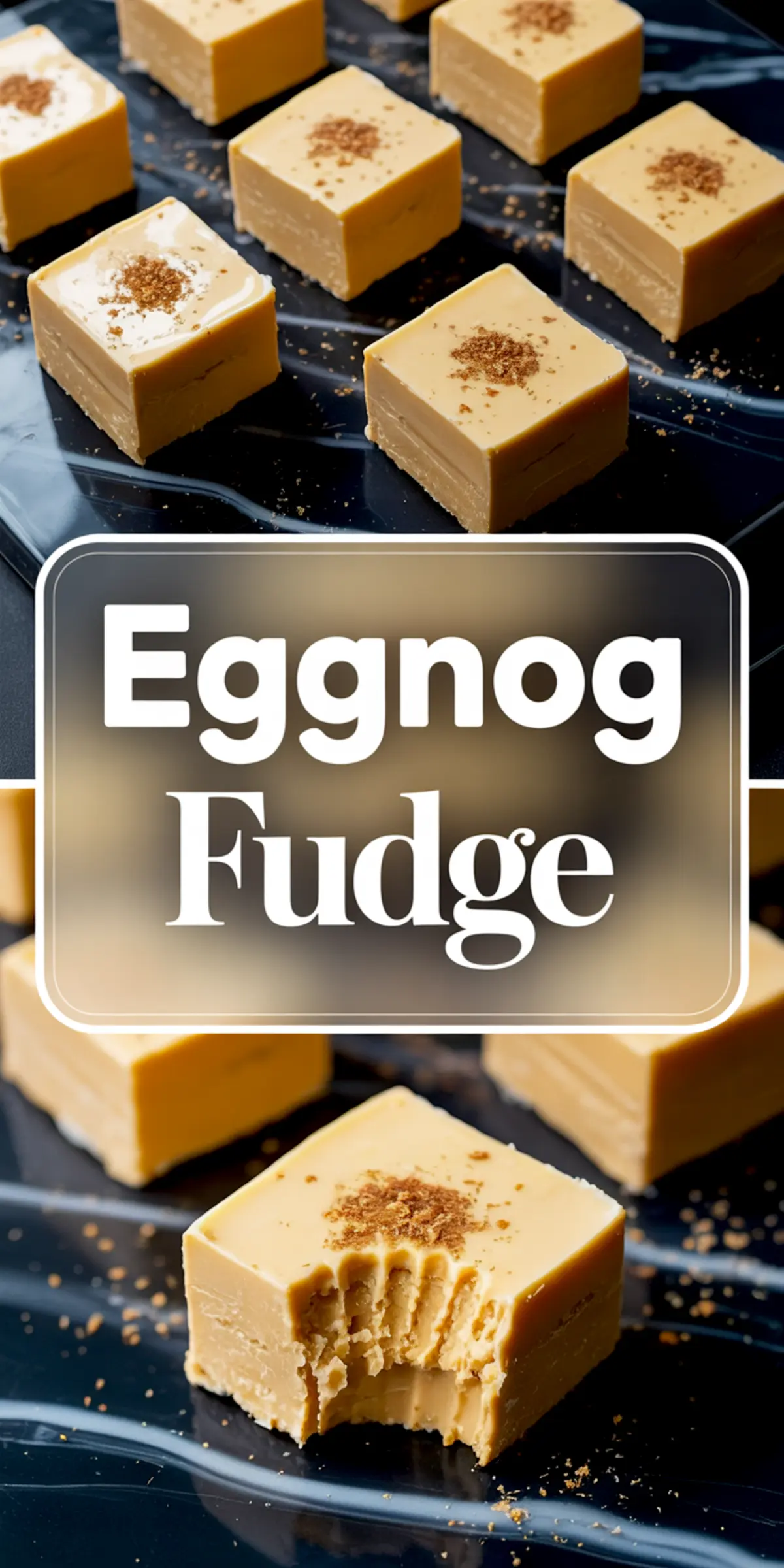 Vertical collage showing creamy eggnog fudge topped with nutmeg in the top image, and a bitten piece of fudge in the bottom view, overlaid with bold “Eggnog Fudge” text label.