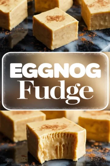Alt: Two-panel collage of eggnog fudge squares on a dark background, featuring a clear bite in the bottom image and decorative “EGGNOG Fudge” text between panels.