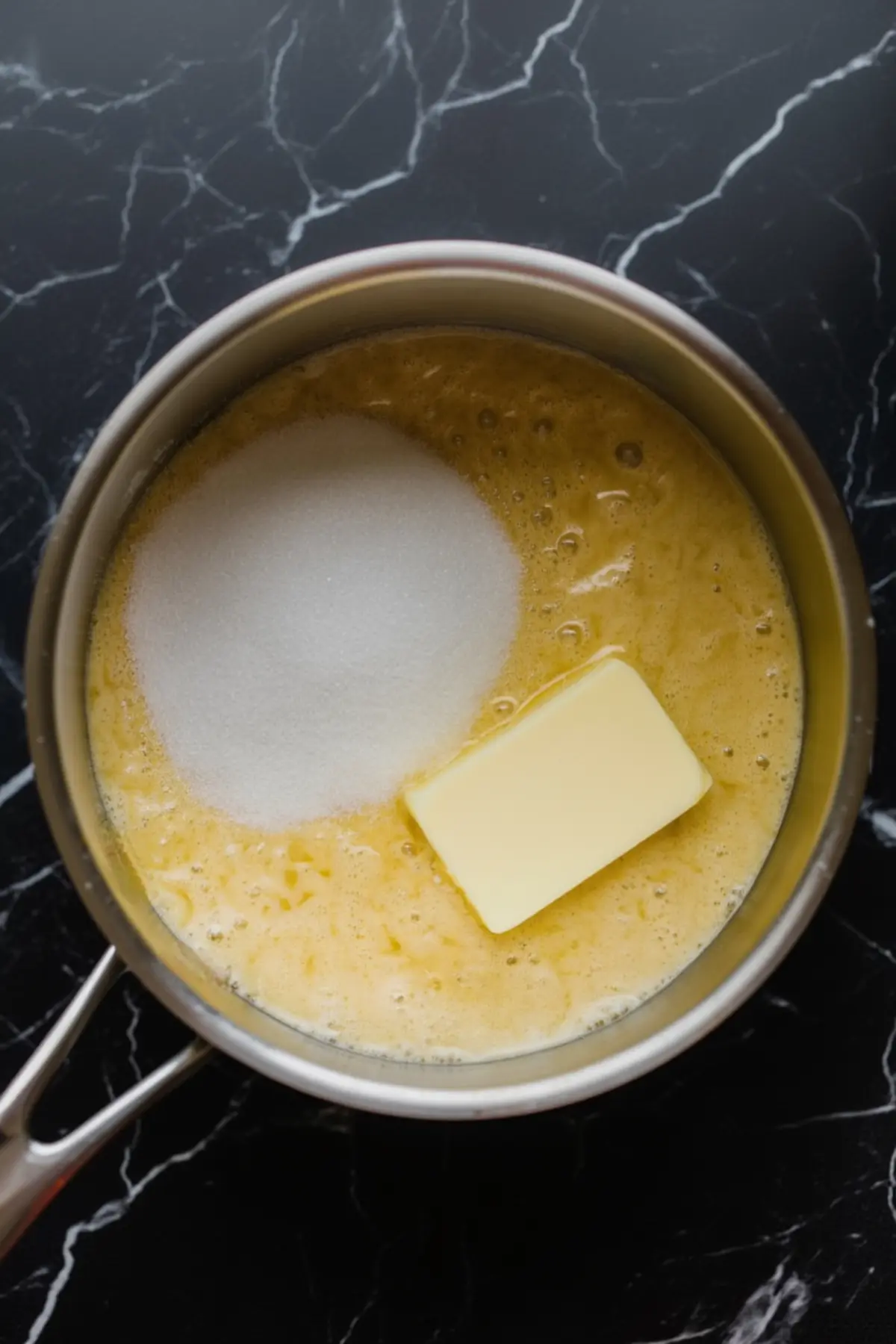 Butter, granulated sugar, and eggnog mixture melting together in a stainless steel saucepan on a black marble surface during the fudge-making process.
