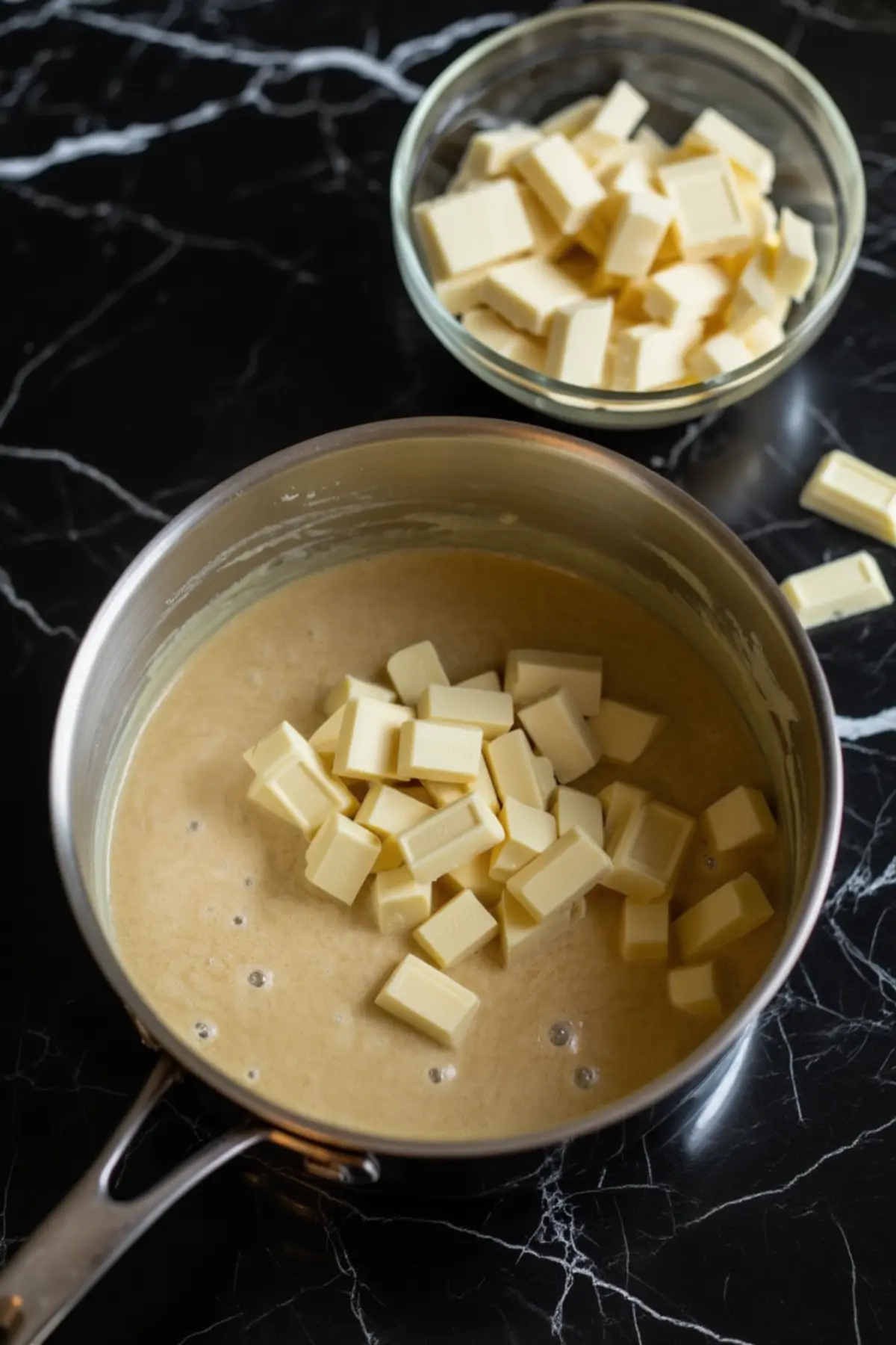 Chopped white chocolate chunks melting into an eggnog mixture inside a saucepan, with a glass bowl of extra chocolate pieces in the background.
