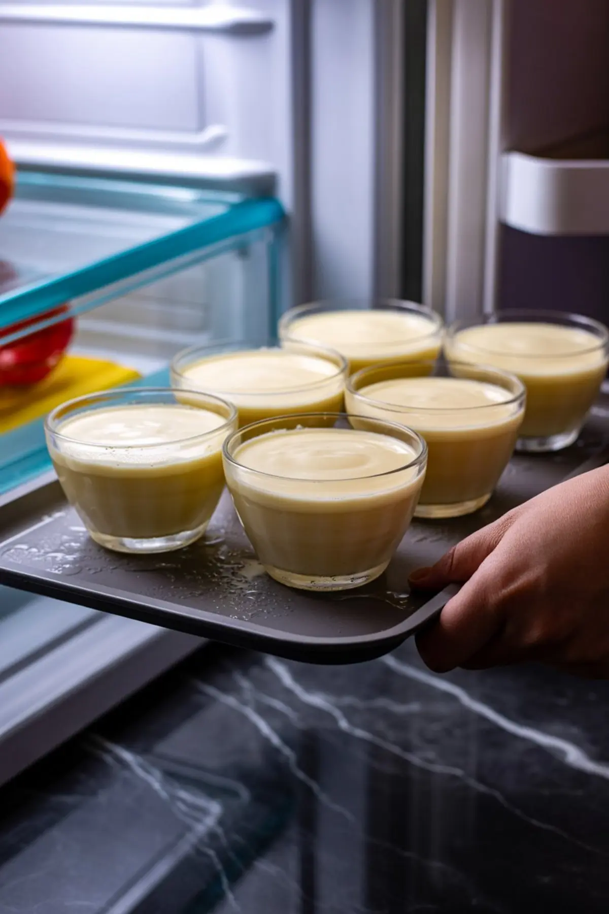 Seven glass bowls filled with smooth eggnog panna cotta mixture arranged on a tray being placed into a refrigerator.