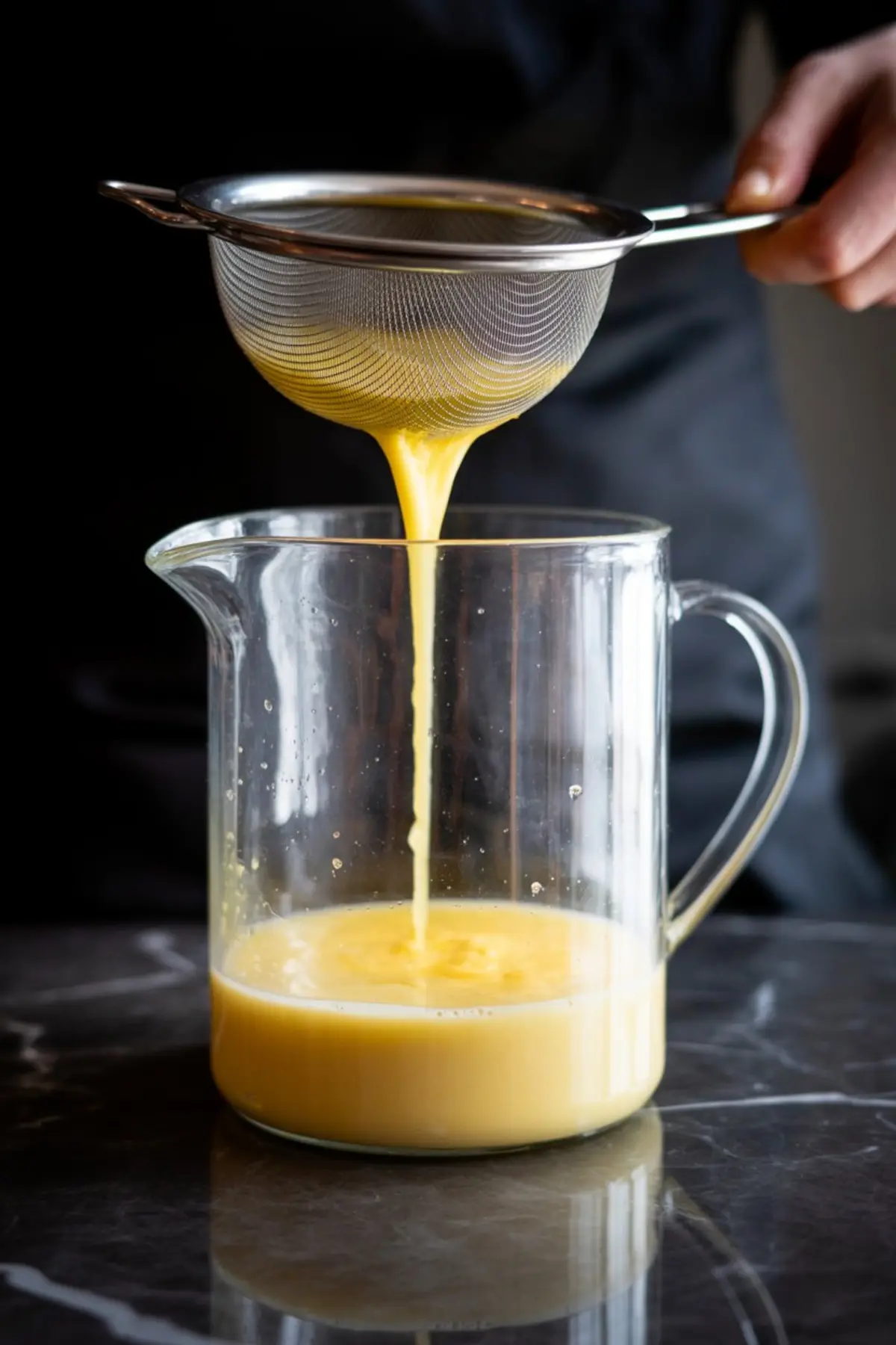 A close-up of a hand straining thick yellow eggnog custard through a fine mesh sieve into a clear glass pitcher on a dark marble countertop.
