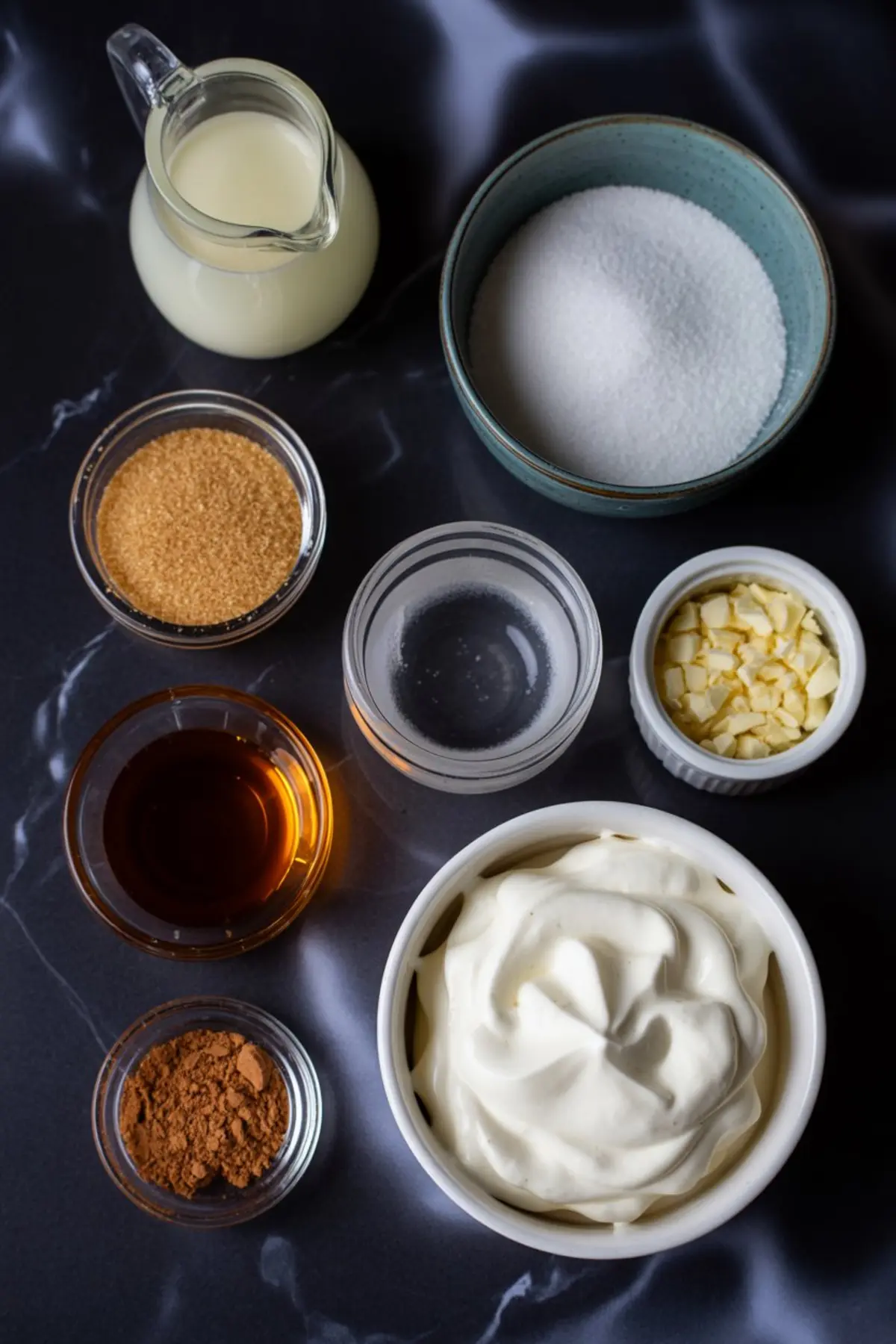 Flat lay of ingredients for eggnog panna cotta on a dark surface, including cream, granulated sugar, brown sugar, vanilla extract, cocoa powder, white chocolate chunks, and whipped cream.