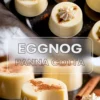 Collage showing multiple servings of eggnog panna cotta garnished with whipped cream and cinnamon, with one panna cotta partially eaten to show texture, styled with cinnamon sticks and soft lighting.