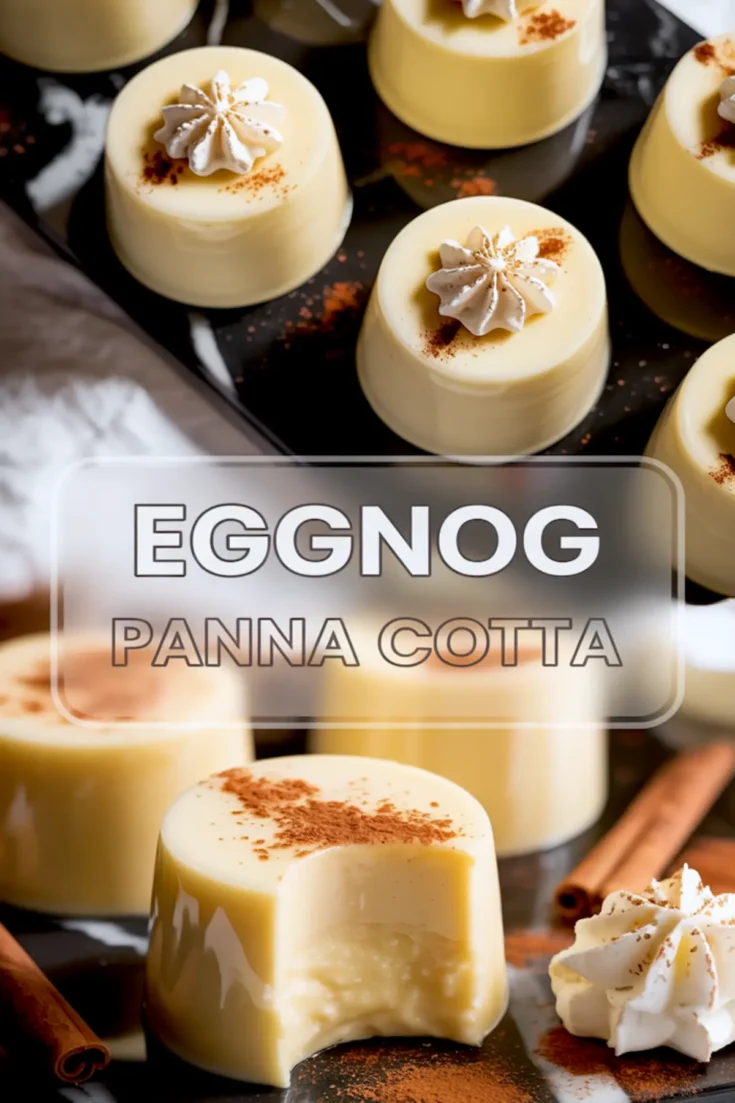 Collage showing multiple servings of eggnog panna cotta garnished with whipped cream and cinnamon, with one panna cotta partially eaten to show texture, styled with cinnamon sticks and soft lighting.