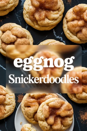 Eggnog snickerdoodle cookies topped with cinnamon sugar, styled on a dark marble surface with a blurred text overlay for recipe promotion or holiday baking pin.