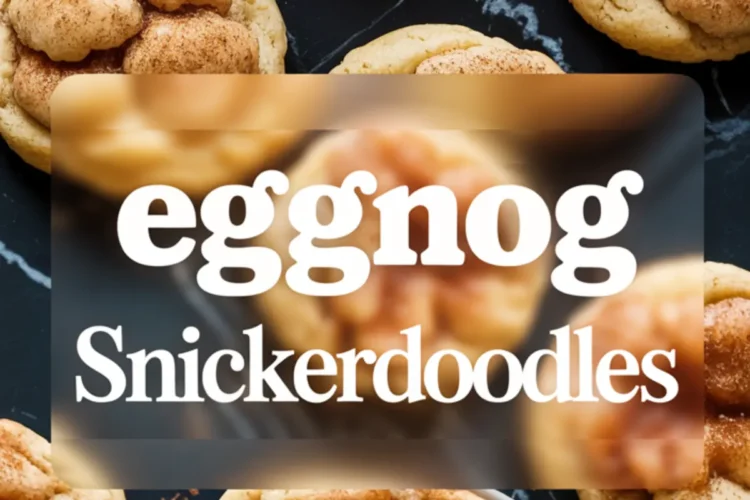 Eggnog snickerdoodle cookies topped with cinnamon sugar, styled on a dark marble surface with a blurred text overlay for recipe promotion or holiday baking pin.