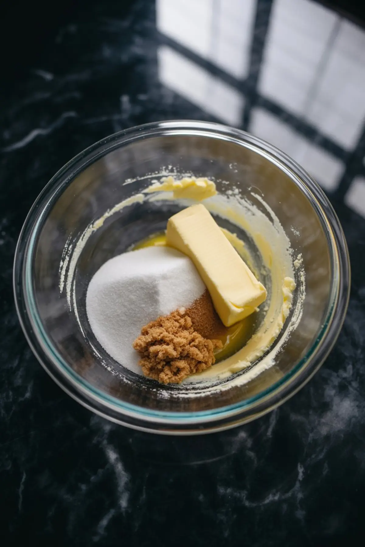 Glass mixing bowl with softened butter, granulated sugar, brown sugar, and ground cinnamon on a dark marble surface, ready for creaming in holiday cookie preparation.
