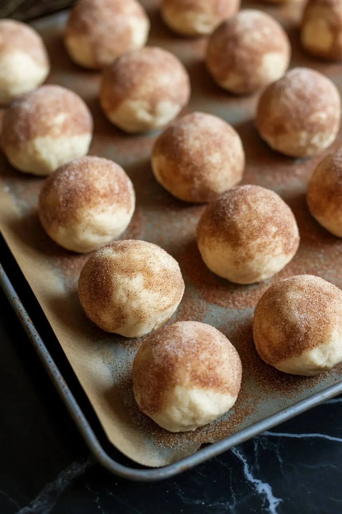 Unbaked snickerdoodle dough balls coated in cinnamon sugar on a baking tray lined with parchment paper, showing a classic texture and spice blend before baking.