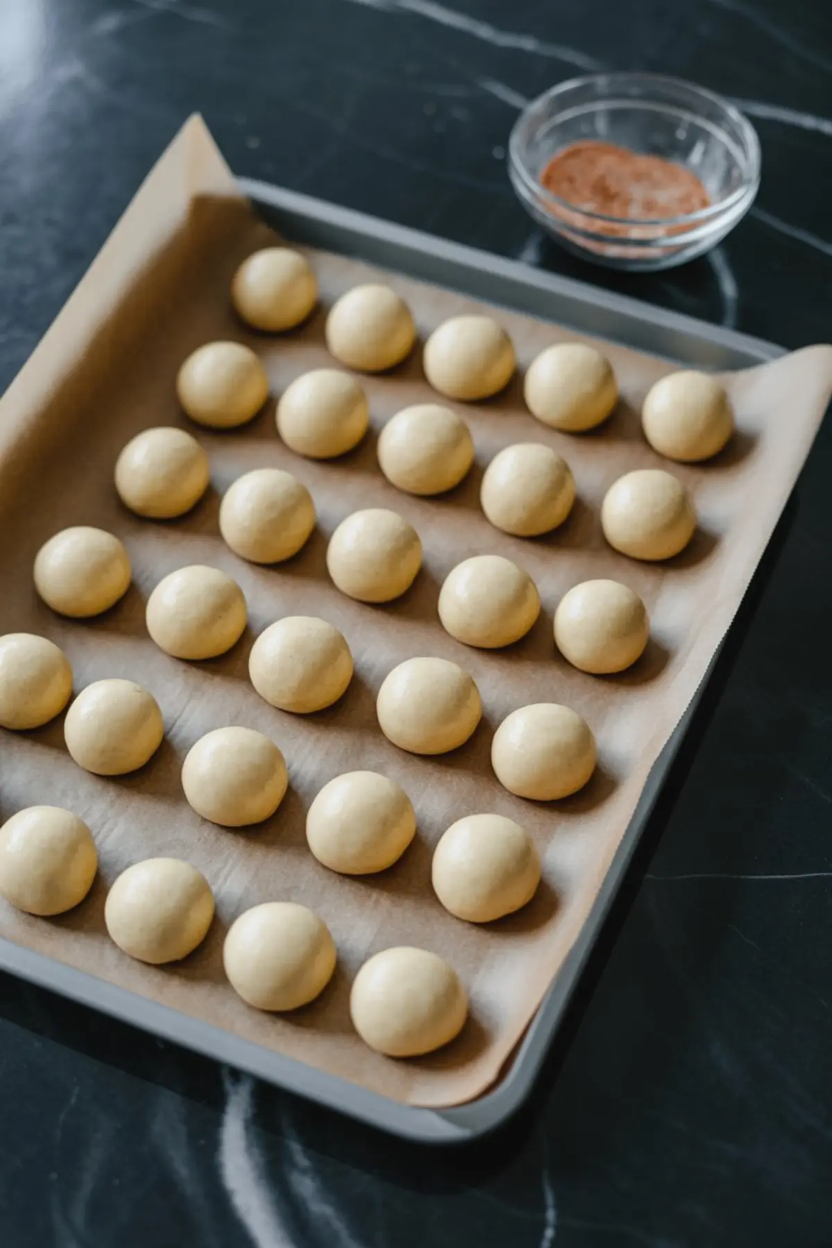 Raw cookie dough balls arranged in uniform rows on a parchment-lined baking sheet with a small bowl of cinnamon sugar nearby, prepped for baking holiday treats.