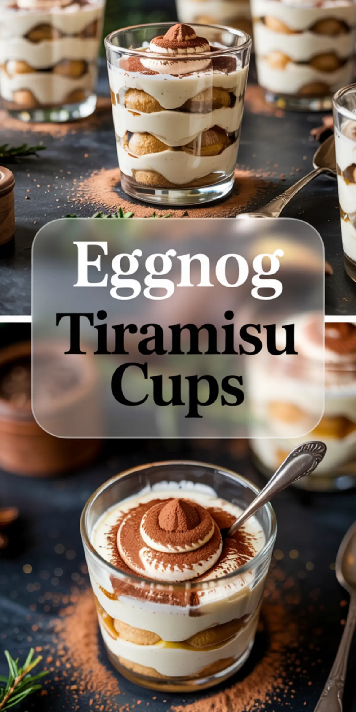 Two-tiered vertical collage displaying creamy eggnog tiramisu cups with piped whipped cream and cocoa, featuring holiday-style food photography and centered text reading “Eggnog Tiramisu Cups.”
