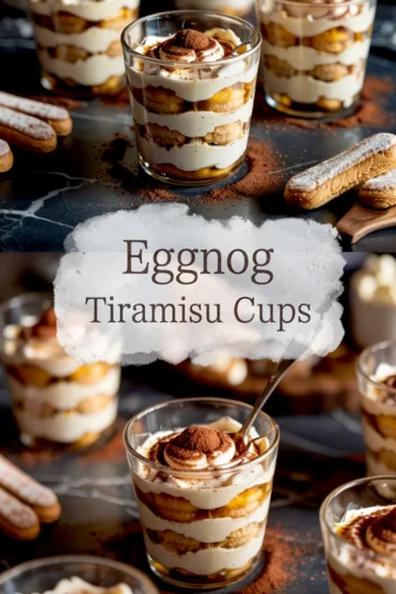 Pinterest collage featuring close-up shots of eggnog tiramisu cups layered with mascarpone, espresso-soaked ladyfingers, and cocoa powder, with a watercolor-textured overlay reading “Eggnog Tiramisu Cups.”