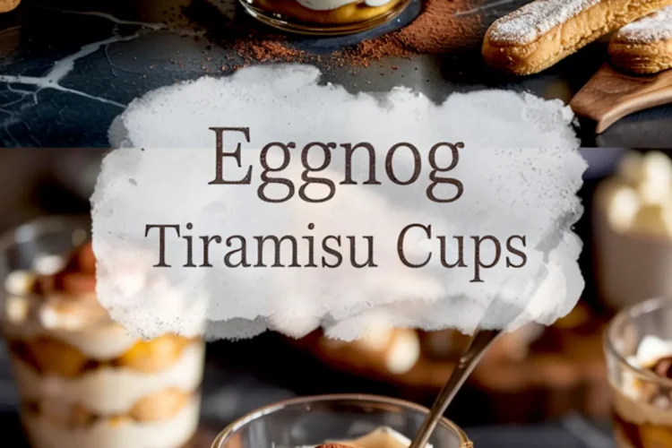 Pinterest collage featuring close-up shots of eggnog tiramisu cups layered with mascarpone, espresso-soaked ladyfingers, and cocoa powder, with a watercolor-textured overlay reading “Eggnog Tiramisu Cups.”