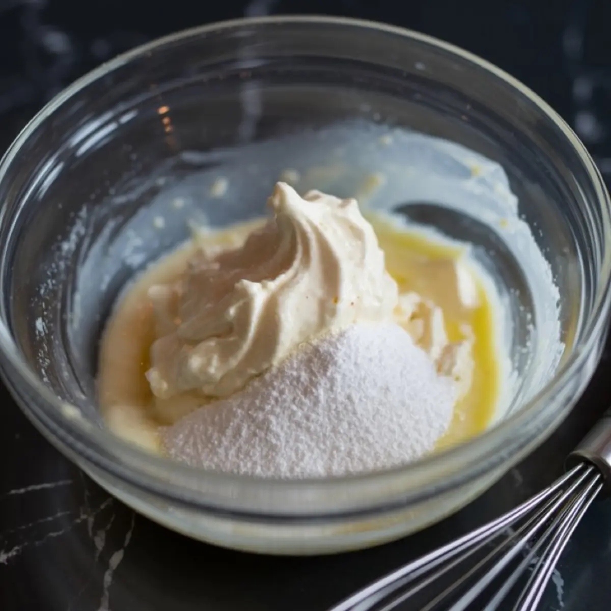 Glass mixing bowl with creamy mascarpone cheese, powdered sugar, and beaten egg yolks on a black marble surface with a metal whisk.
