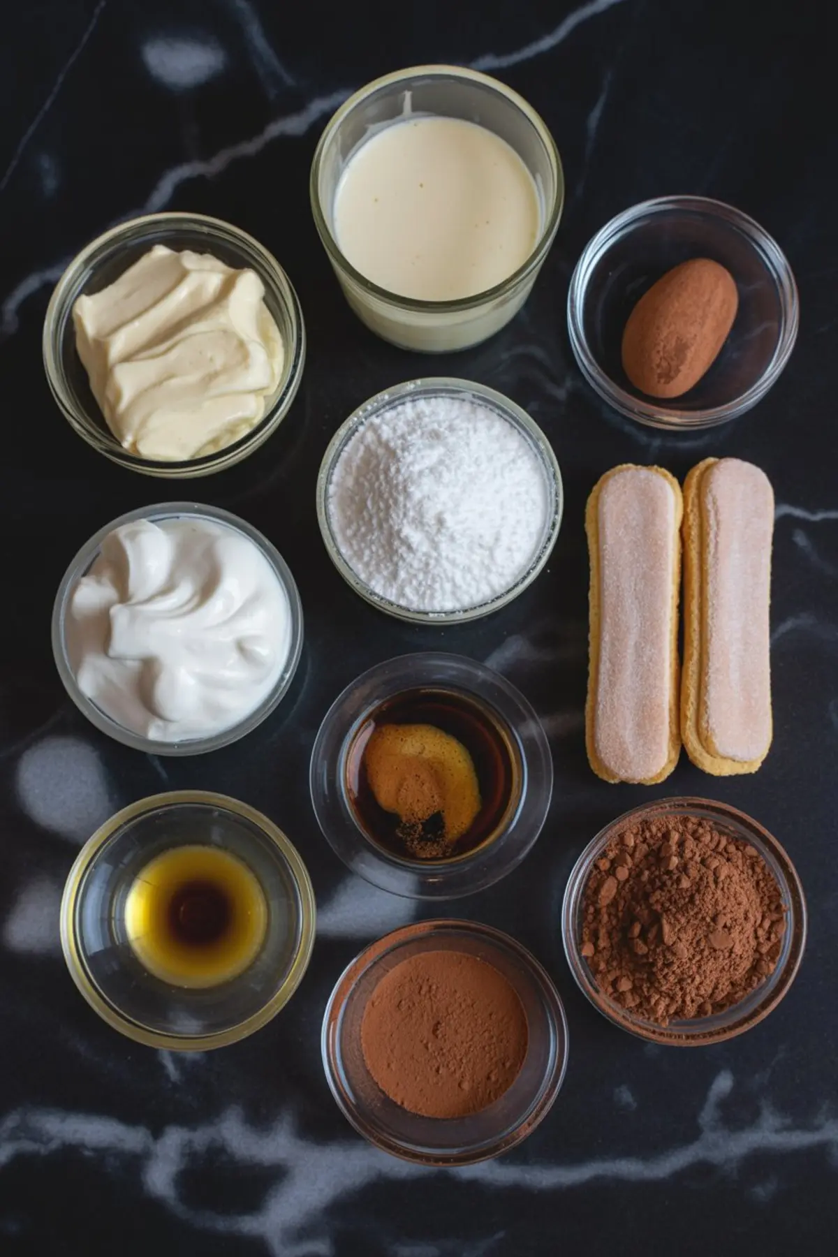 Flat lay of tiramisu ingredients including mascarpone, eggnog, cocoa powder, ladyfingers, powdered sugar, whipped cream, vanilla extract, espresso, and cinnamon arranged on a dark marble countertop.
