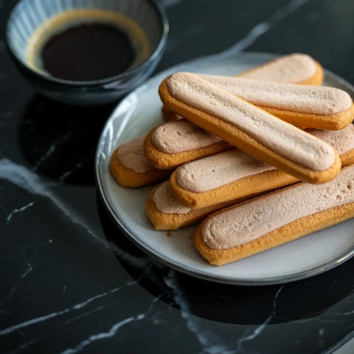 Plate stacked with crisp ladyfinger biscuits beside a bowl of freshly brewed espresso on a black marble surface.
