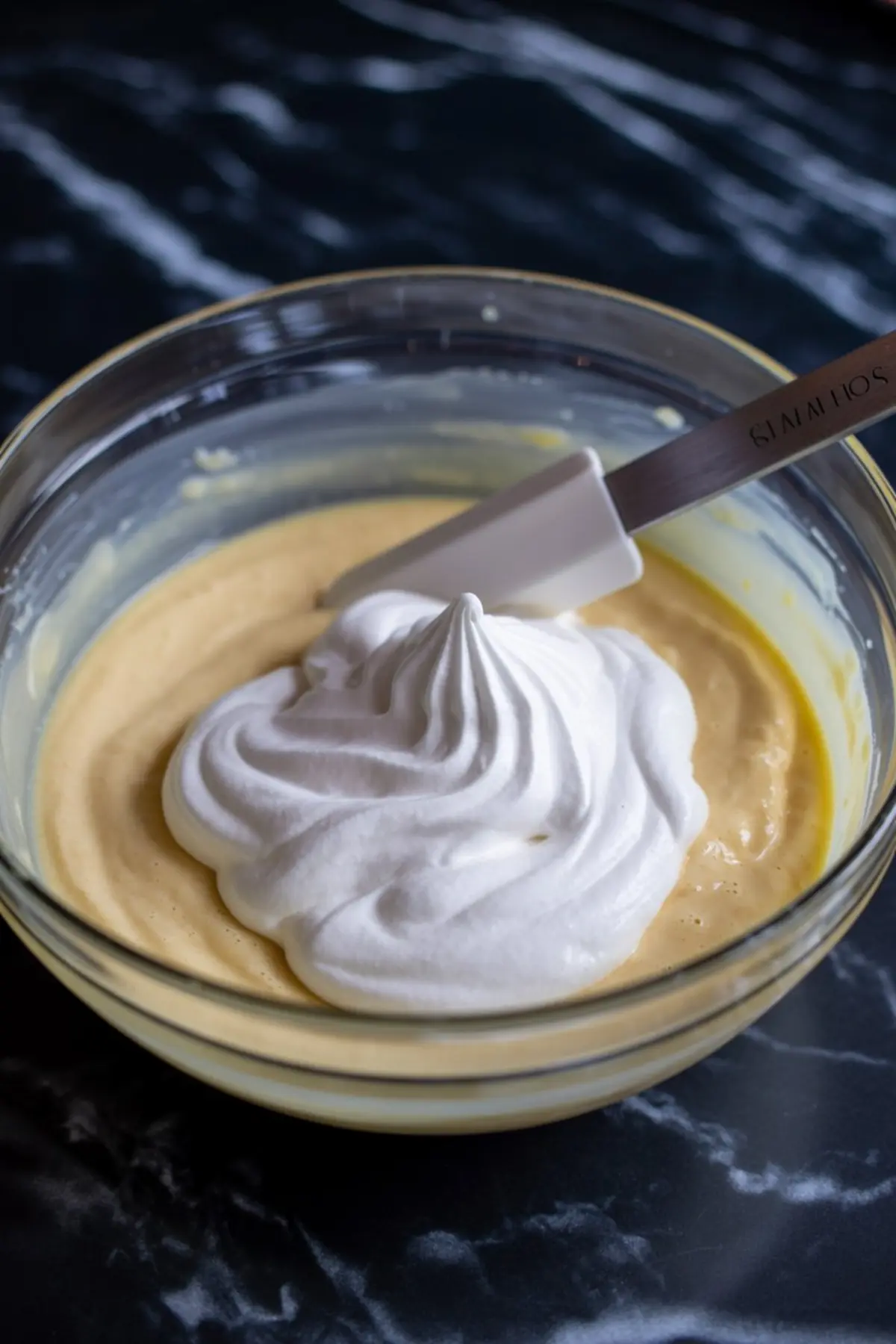 Mixing bowl with pale yellow eggnog mascarpone mixture topped with a swirl of whipped cream and a white spatula on a black marble surface.
