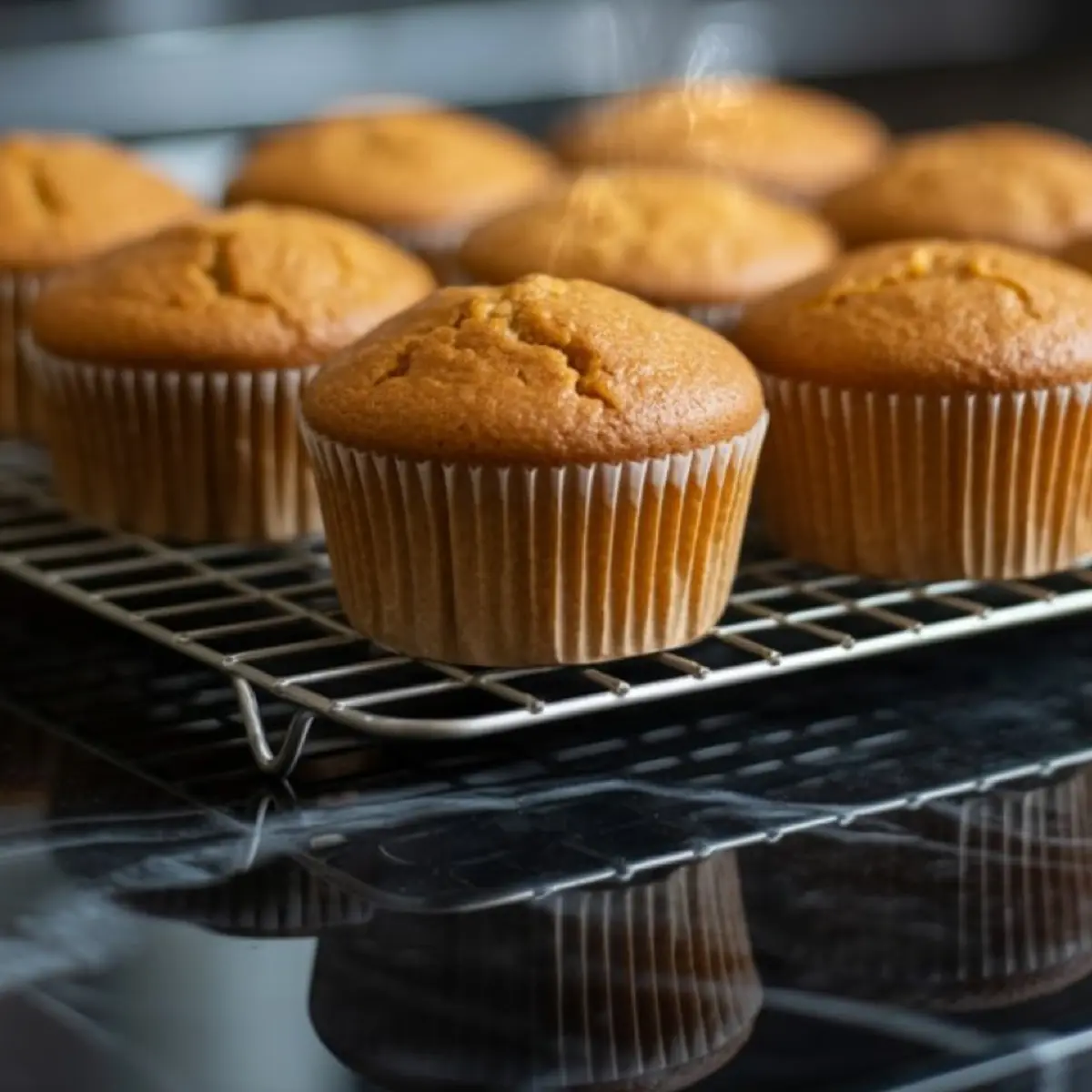 Freshly baked pumpkin cupcakes cooling on a wire rack, still in white paper liners, showing golden brown tops with light steam rising.