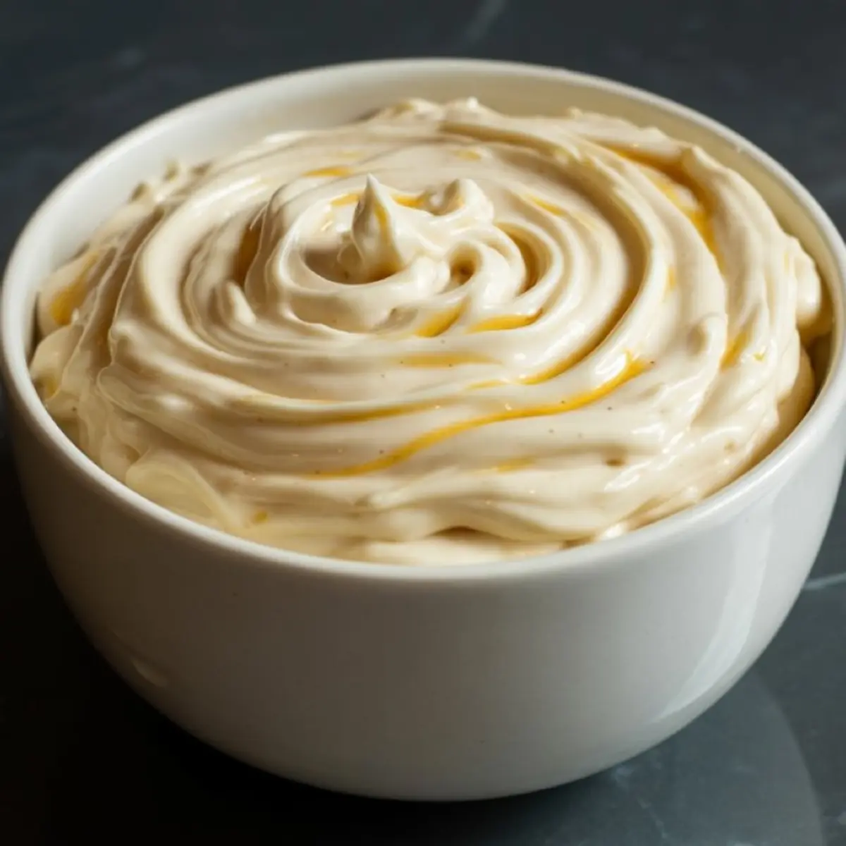 A white ceramic bowl filled with swirled vanilla buttercream frosting, showing a smooth, creamy texture with visible flecks of vanilla bean.