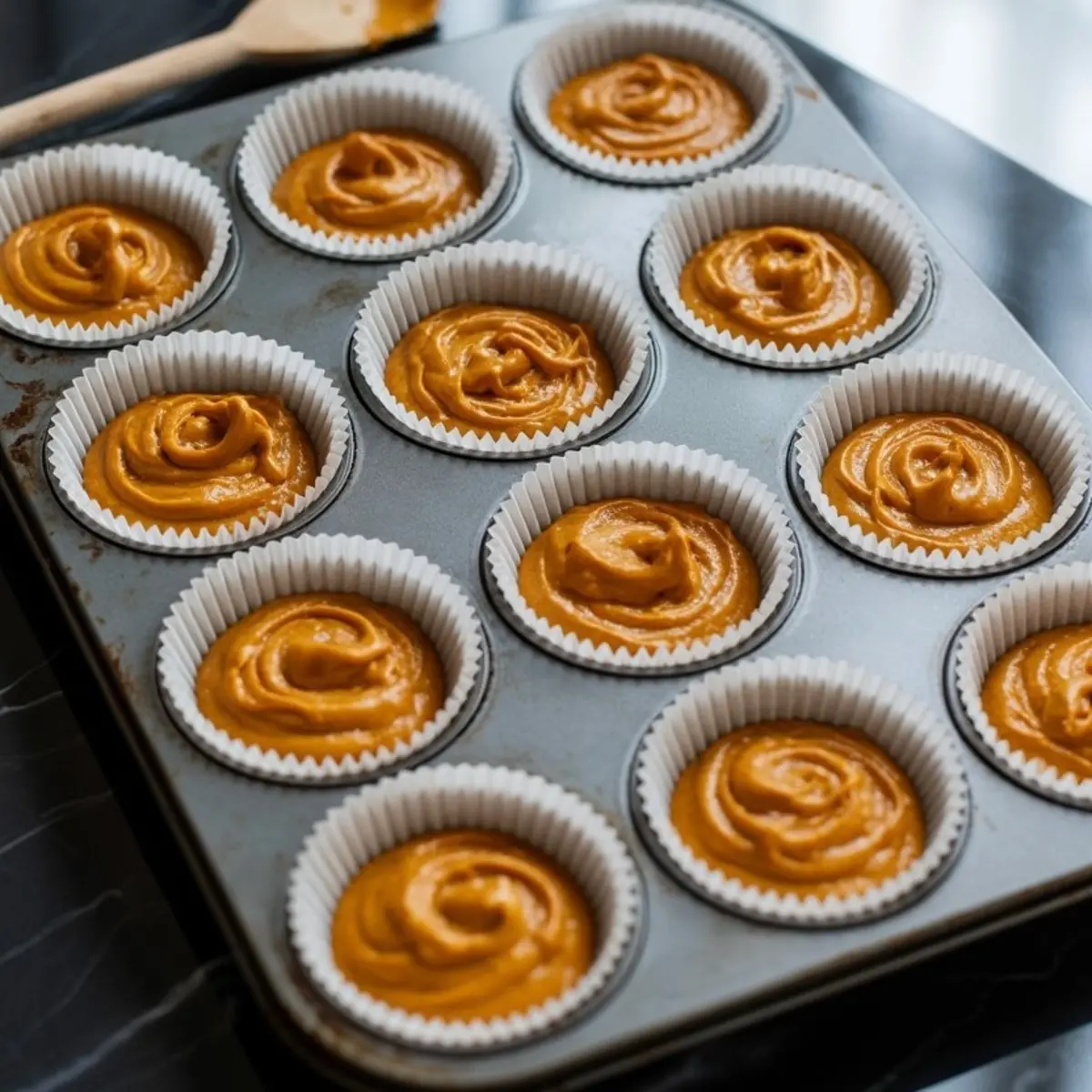 A muffin tin lined with white paper cupcake liners filled with orange pumpkin cupcake batter, ready to go into the oven.