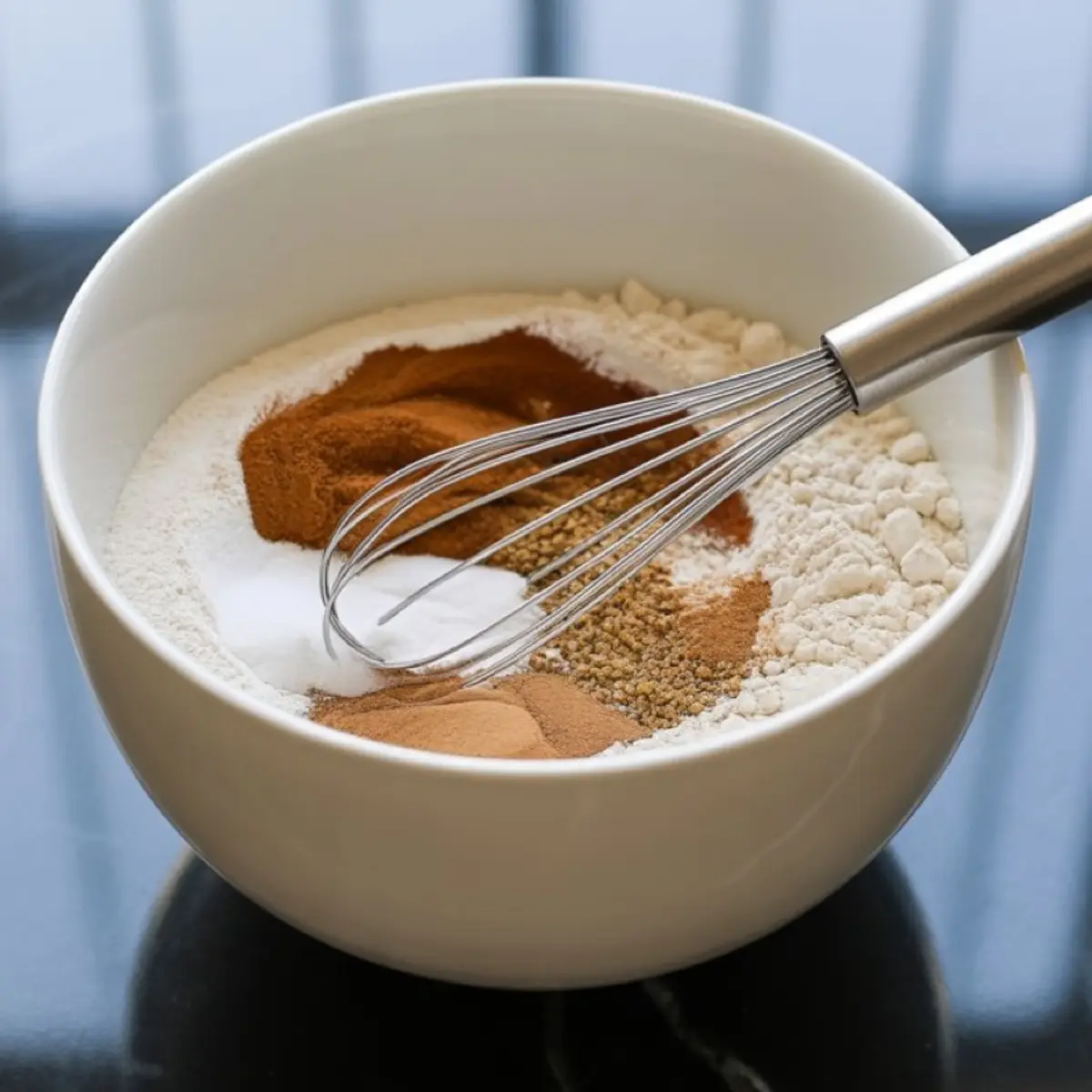 A white bowl filled with flour, cinnamon, nutmeg, baking powder, and other dry ingredients with a whisk resting on top, ready for mixing fall spices.