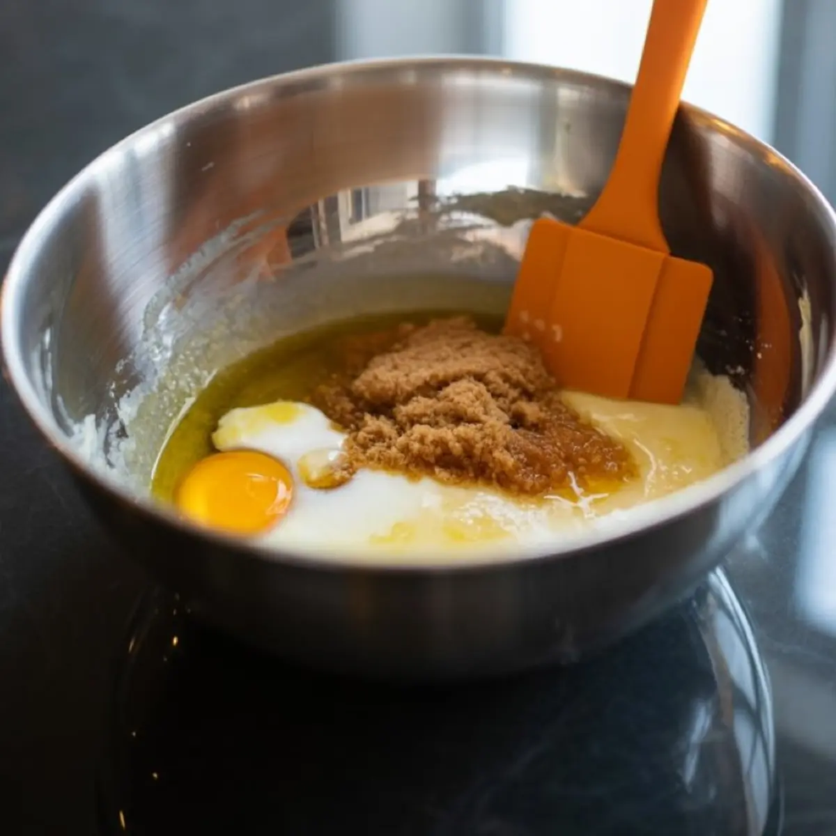A mixing bowl filled with wet ingredients including egg, brown sugar, vanilla, and melted butter, being stirred with an orange silicone spatula on a dark kitchen countertop.