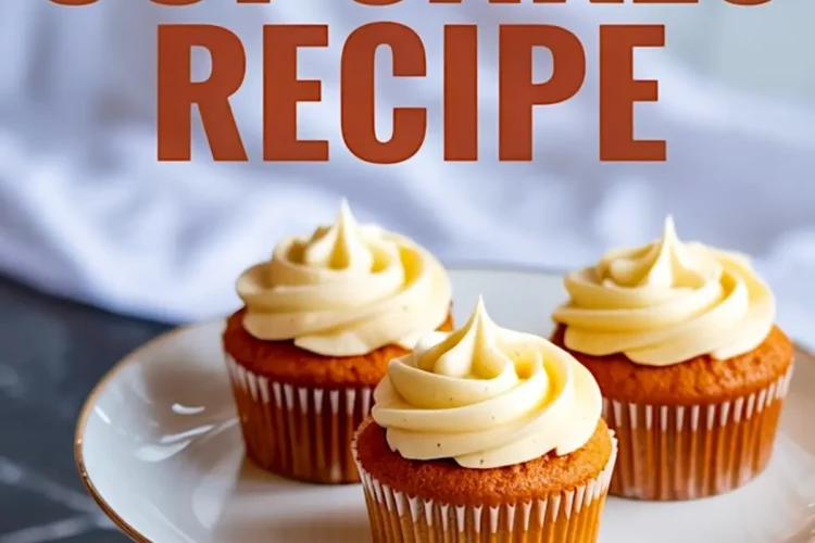 A vertical collage of three pumpkin cupcakes topped with vanilla frosting on a white cake stand, placed on a dark marble surface with “Fall Cupcakes Recipe” text overlay in bold orange letters.