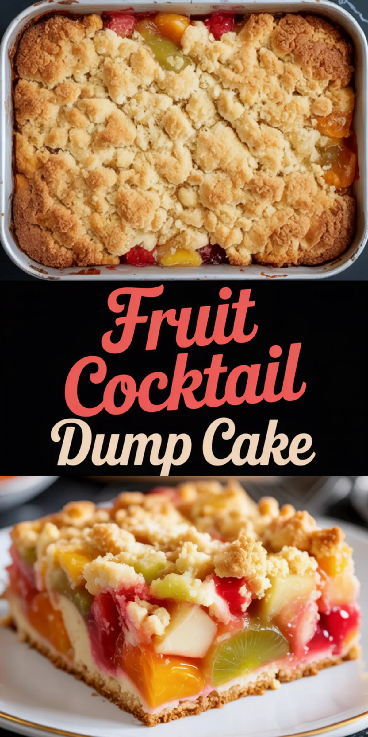 Two-view collage of fruit cocktail dump cake; top image shows golden baked crumble topping in a pan, bottom image shows a plated slice filled with vibrant peaches, cherries, pineapple, and kiwi on a buttery crust.