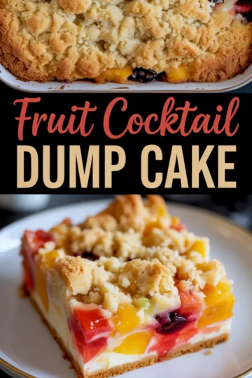 Two-view collage of a fruit cocktail dump cake; top image features a crisp golden crust in a baking dish, bottom image highlights a slice loaded with colorful peaches, cherries, grapes, and pineapple on a creamy base with crumb topping.