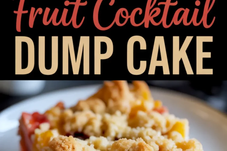 Two-view collage of a fruit cocktail dump cake; top image features a crisp golden crust in a baking dish, bottom image highlights a slice loaded with colorful peaches, cherries, grapes, and pineapple on a creamy base with crumb topping.
