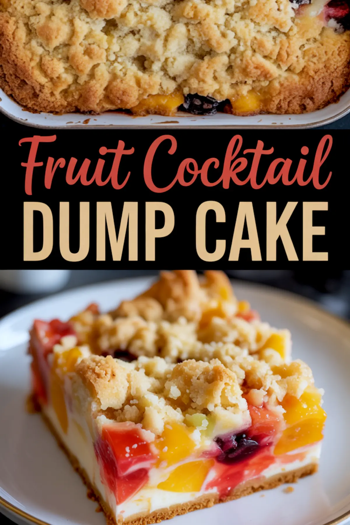 Two-view collage of a fruit cocktail dump cake; top image features a crisp golden crust in a baking dish, bottom image highlights a slice loaded with colorful peaches, cherries, grapes, and pineapple on a creamy base with crumb topping.