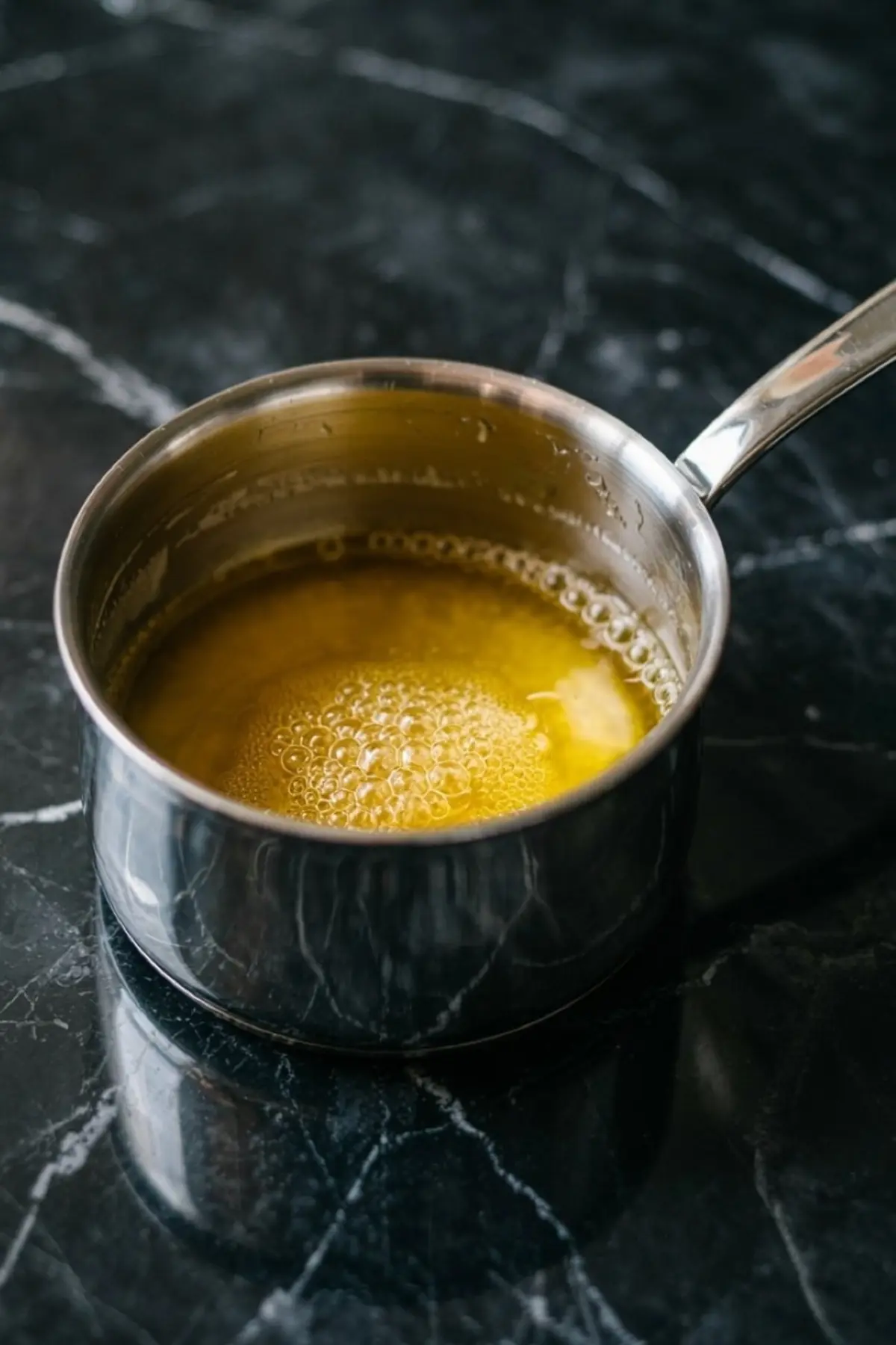 Stainless steel saucepan with melted butter bubbling on a black marble countertop, showing the start of a dessert baking process or ghee preparation.