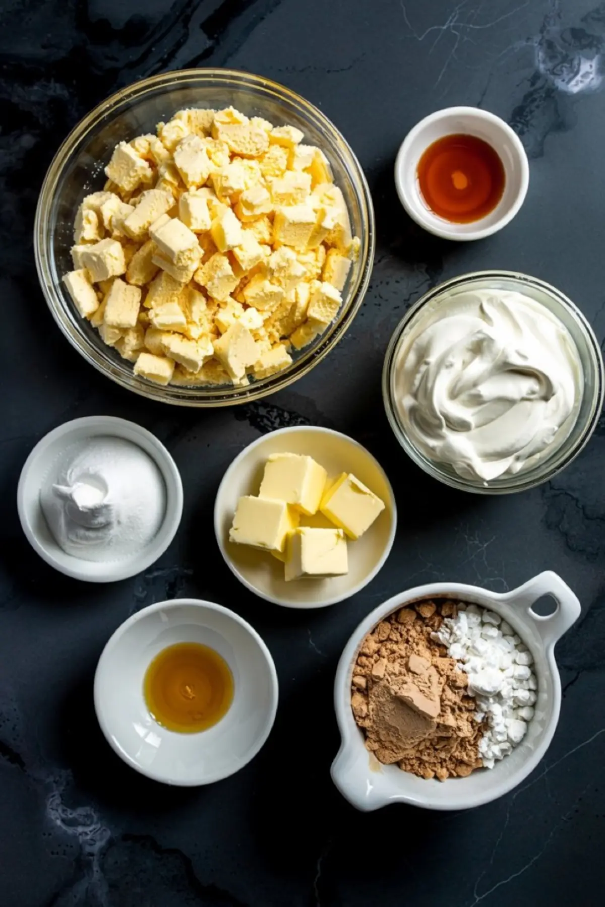 Flat lay of baking ingredients on a dark countertop including chopped butter, cocoa powder, vanilla extract, sour cream, and baking soda, styled for dessert recipe preparation.