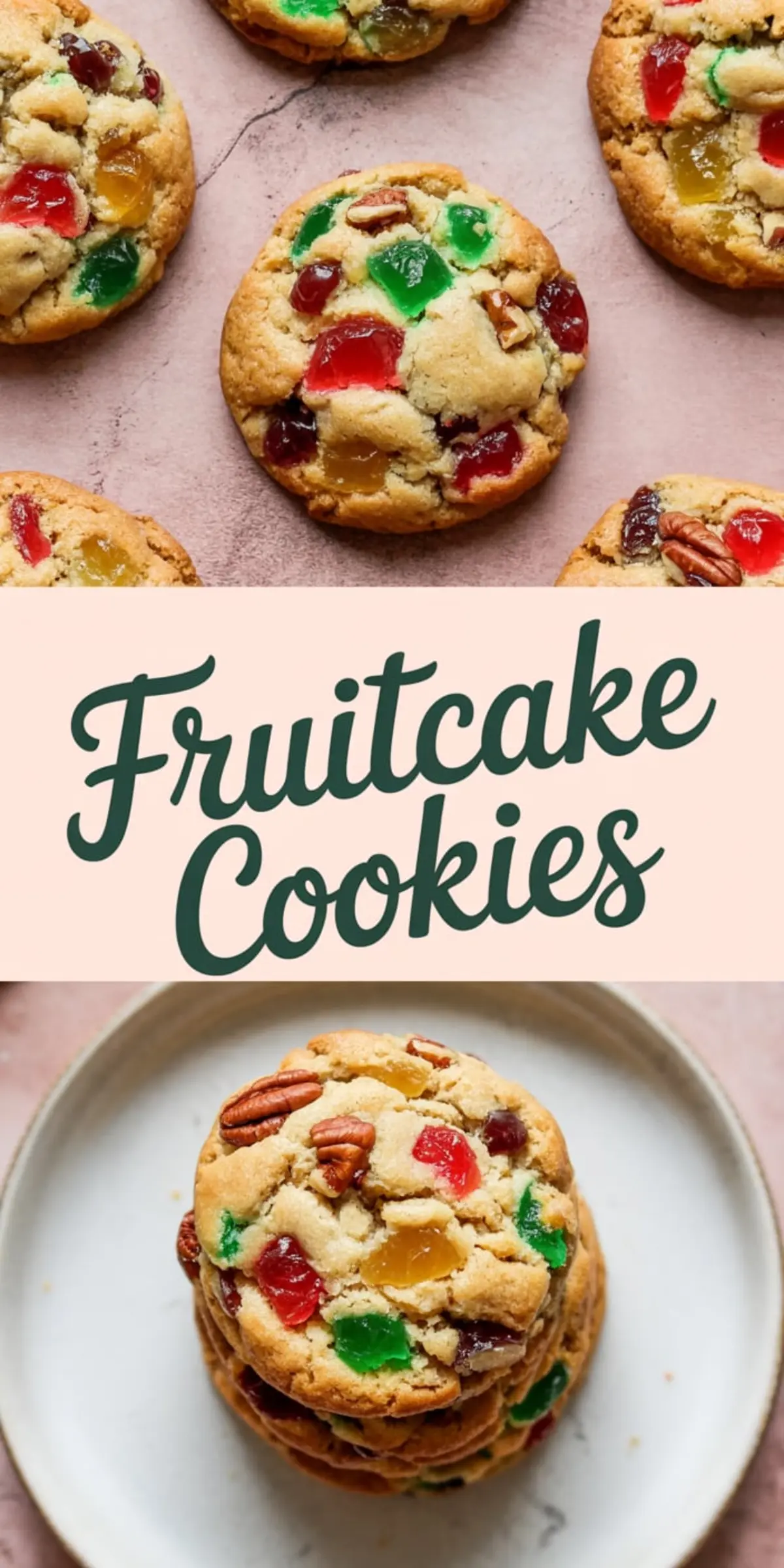 Vertical collage showing colorful fruitcake cookies made with red, green, and yellow candied fruit and pecans, stacked on a plate and arranged on a pink background, with text reading “Fruitcake Cookies.”
