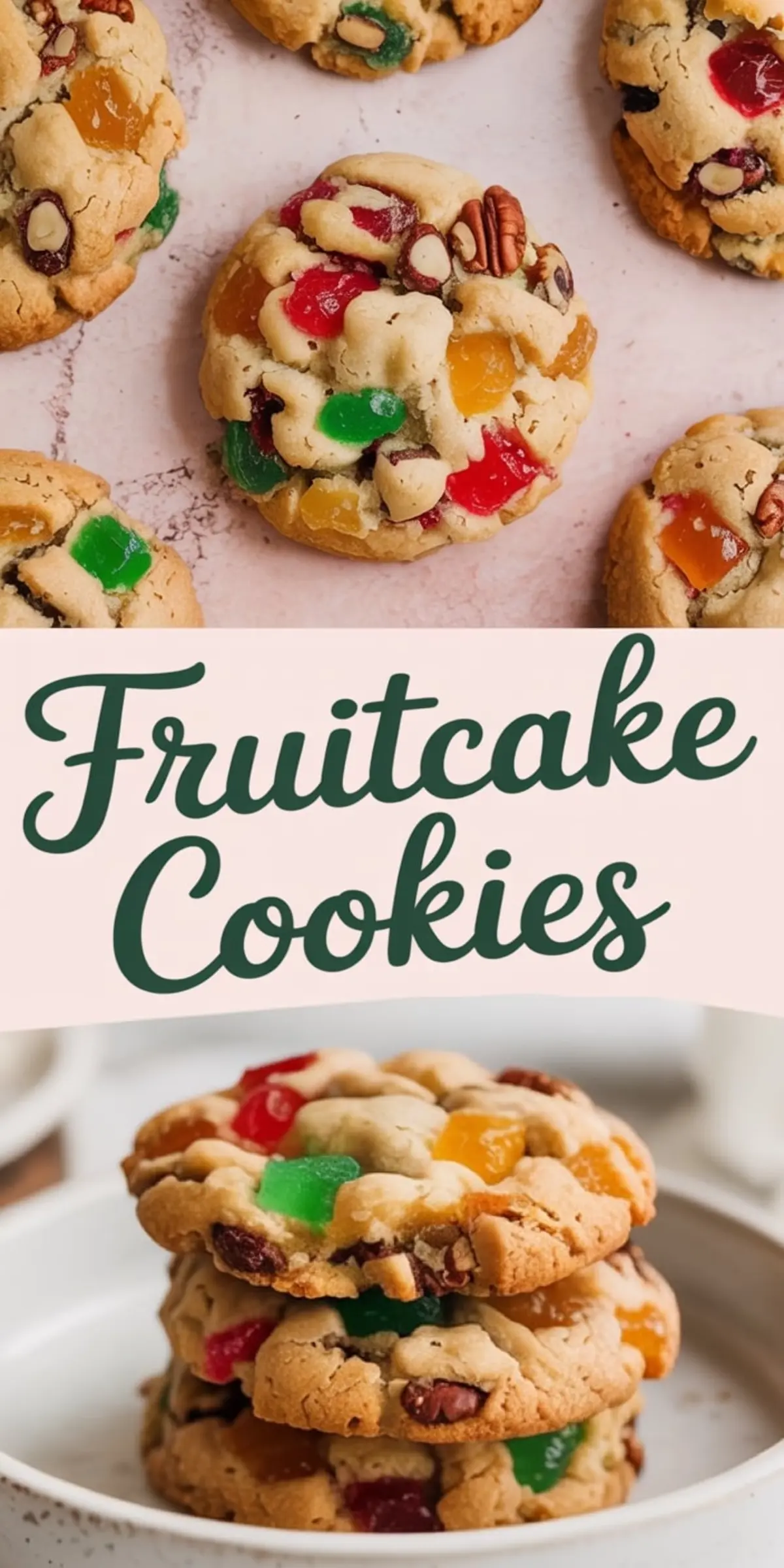 Collage of stacked fruitcake cookies and overhead cookie arrangement on a pink backdrop, loaded with colorful candied fruit, raisins, and pecans, with a centered text label “Fruitcake Cookies.”
