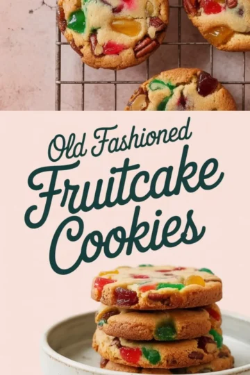 Collage image with a stack of golden fruitcake cookies filled with red and green candied fruit and chopped nuts, plus cooling cookies on a wire rack, labeled “Old Fashioned Fruitcake Cookies.”