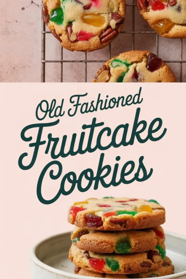 Collage image with a stack of golden fruitcake cookies filled with red and green candied fruit and chopped nuts, plus cooling cookies on a wire rack, labeled “Old Fashioned Fruitcake Cookies.”
