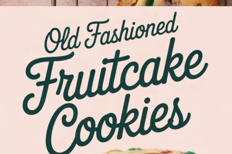 Collage image with a stack of golden fruitcake cookies filled with red and green candied fruit and chopped nuts, plus cooling cookies on a wire rack, labeled “Old Fashioned Fruitcake Cookies.”