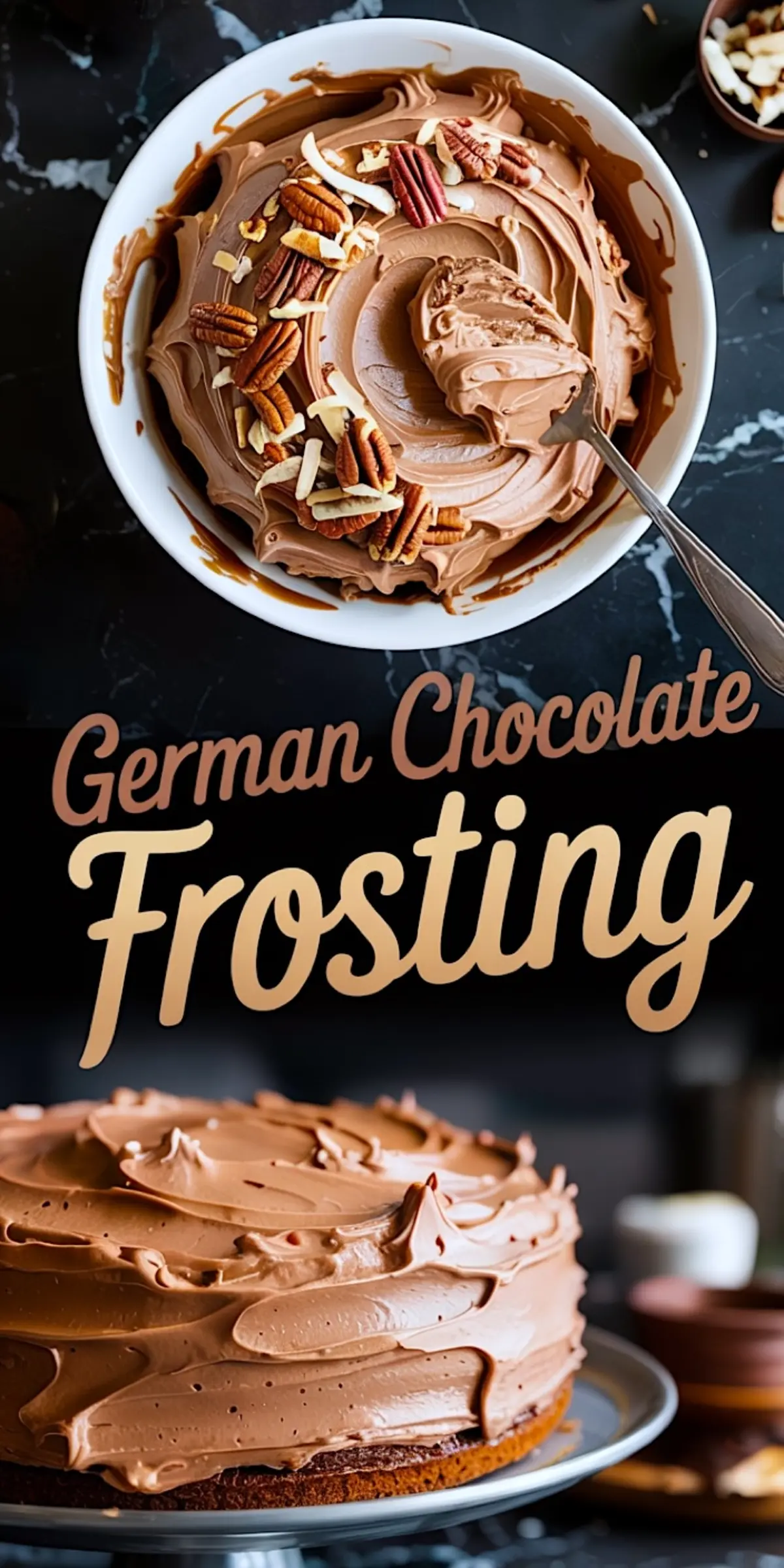 Collage showing German chocolate frosting topped with pecans and shredded coconut in a white bowl above, and a finished chocolate cake with creamy chocolate frosting spread across the surface below, both labeled “German Chocolate Frosting” in stylized text.