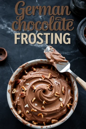 Swirled bowl of German chocolate frosting garnished with chopped pecans and coconut flakes, with a metal spatula resting on top, and stylized “German Chocolate Frosting” text on dark background.