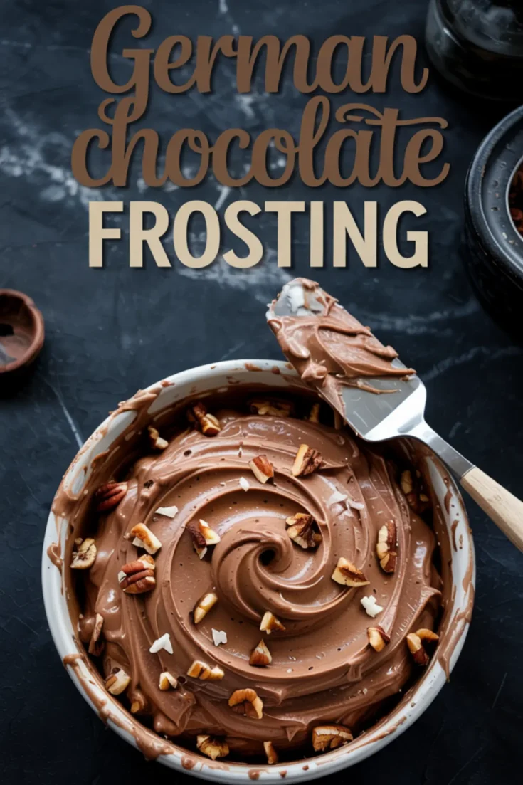 Swirled bowl of German chocolate frosting garnished with chopped pecans and coconut flakes, with a metal spatula resting on top, and stylized “German Chocolate Frosting” text on dark background.