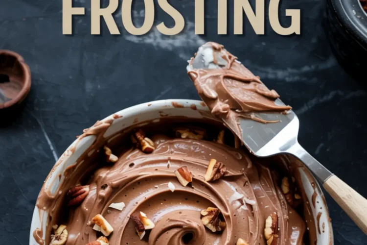 Swirled bowl of German chocolate frosting garnished with chopped pecans and coconut flakes, with a metal spatula resting on top, and stylized “German Chocolate Frosting” text on dark background.