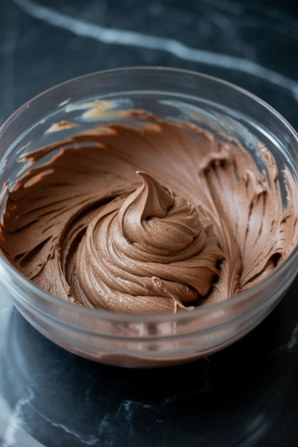 Whipped chocolate frosting with a smooth, fluffy texture swirled inside a glass bowl, ready for spreading on cakes or cupcakes.