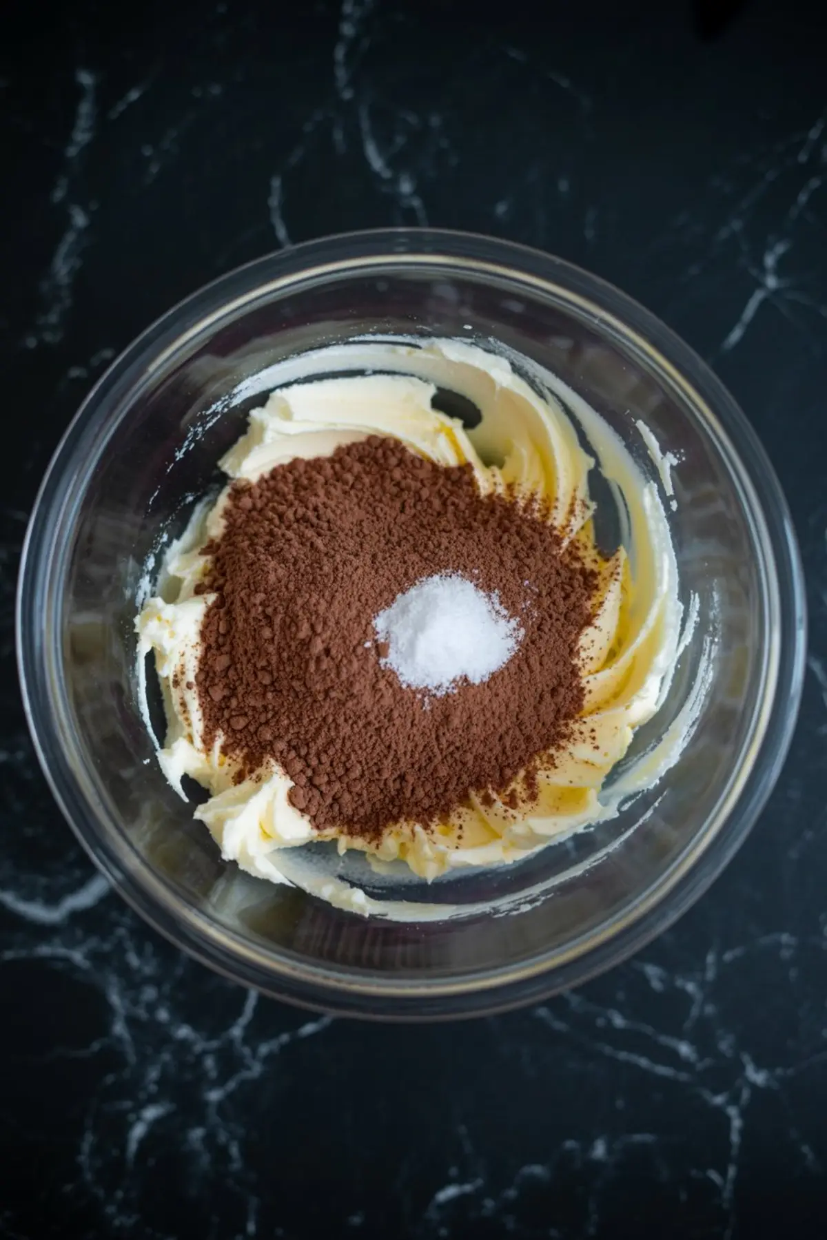 Overhead view of a mixing bowl filled with softened butter topped with cocoa powder and salt, prepared for making chocolate frosting on a dark marbled countertop.