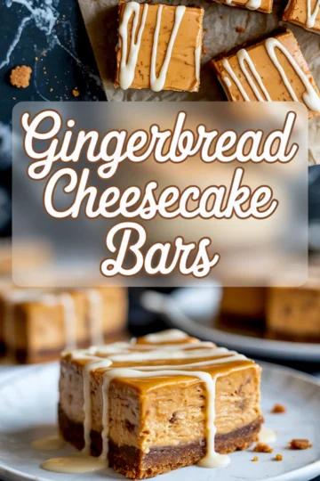 Top and bottom collage showing gingerbread cheesecake bars with white chocolate drizzle on parchment and a plated slice with a creamy spiced filling and gingersnap crust.