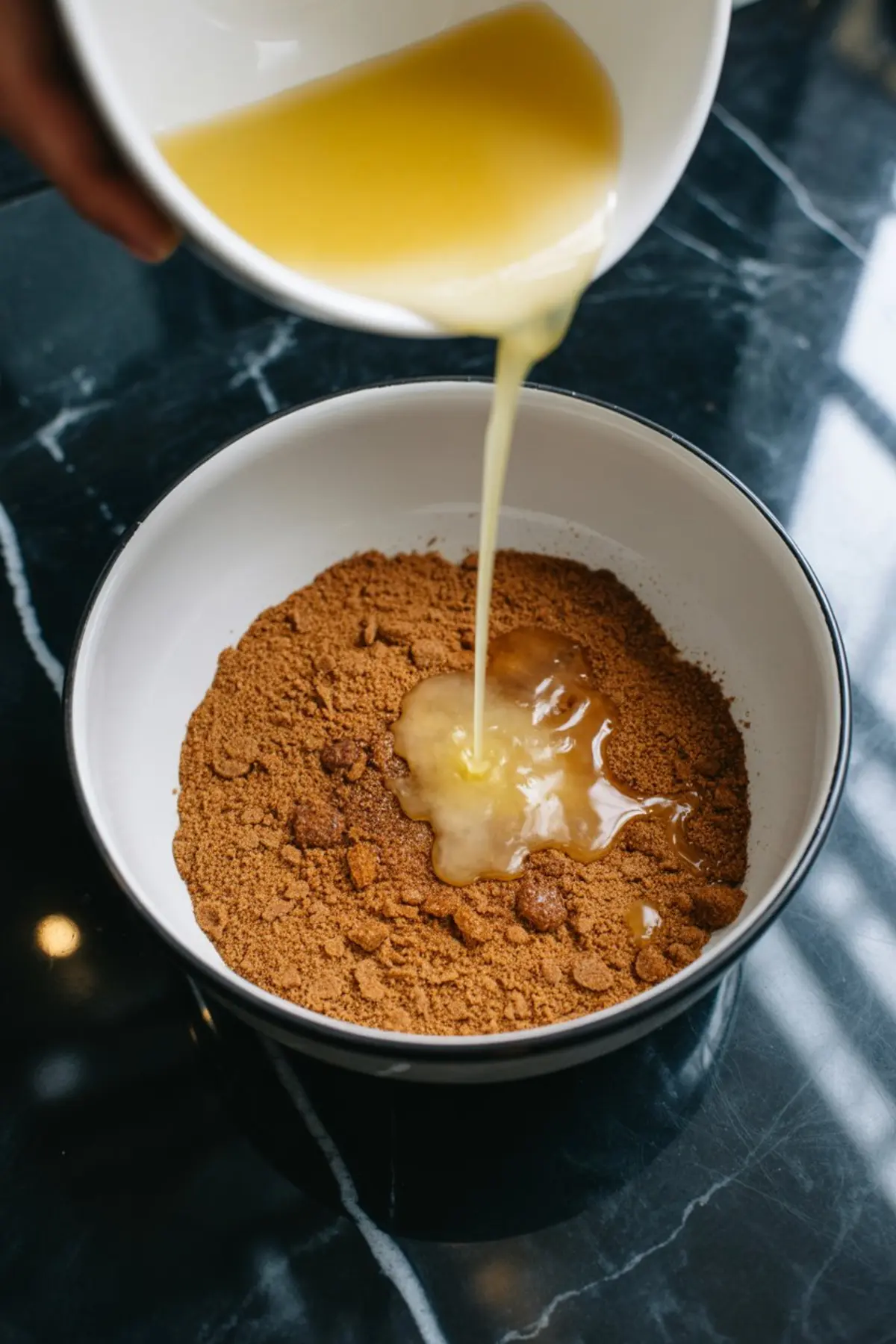 Melted butter being poured into a bowl of crushed gingersnap cookie crumbs for a cheesecake crust on a black marble countertop.
