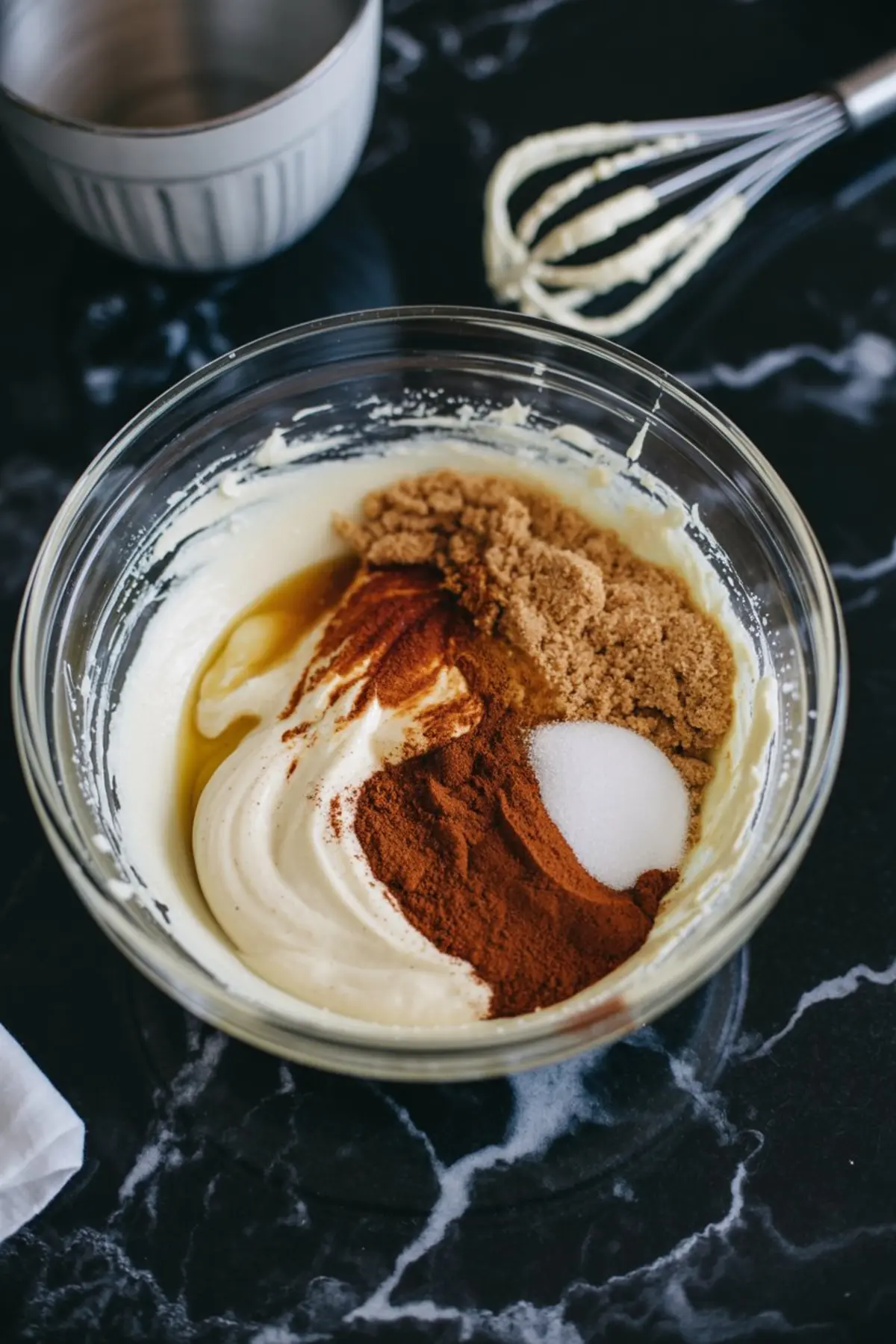 Glass bowl filled with cream cheese mixture topped with brown sugar, white sugar, cinnamon, and vanilla extract before mixing for gingerbread cheesecake filling.